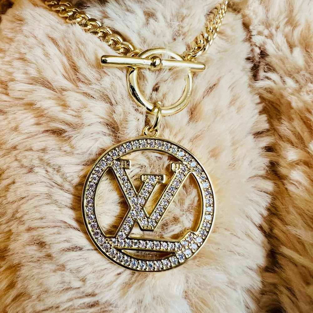 Upcycled LV Gold rhinestone circle Pendant Necklace